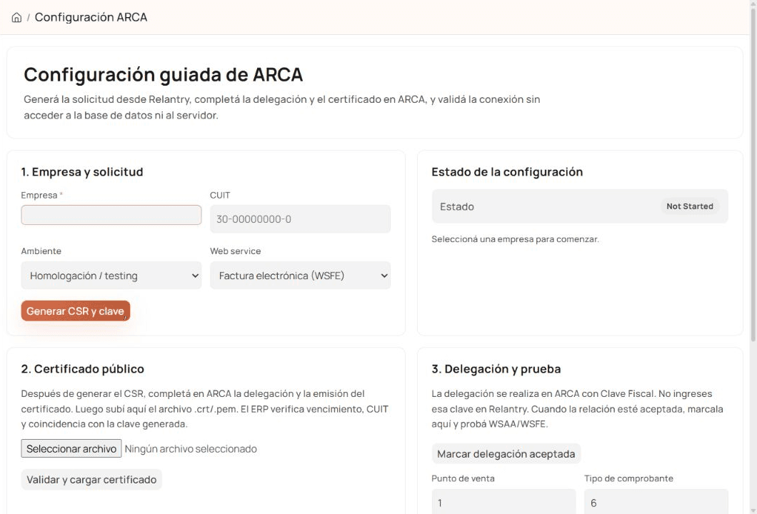 Pantalla inicial del asistente de configuración ARCA en Relantry ERP