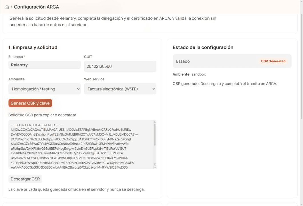 CSR generado desde el asistente ARCA de Relantry