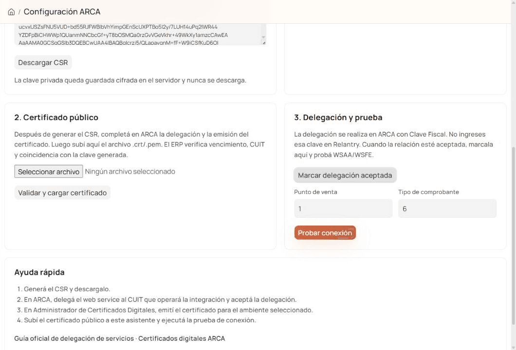 Pantalla de delegación y prueba de conexión ARCA