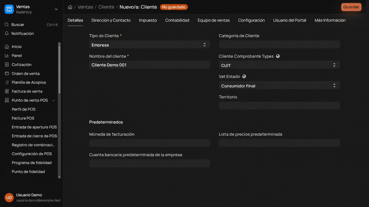 Ficha de cliente ficticio con condiciones de pago