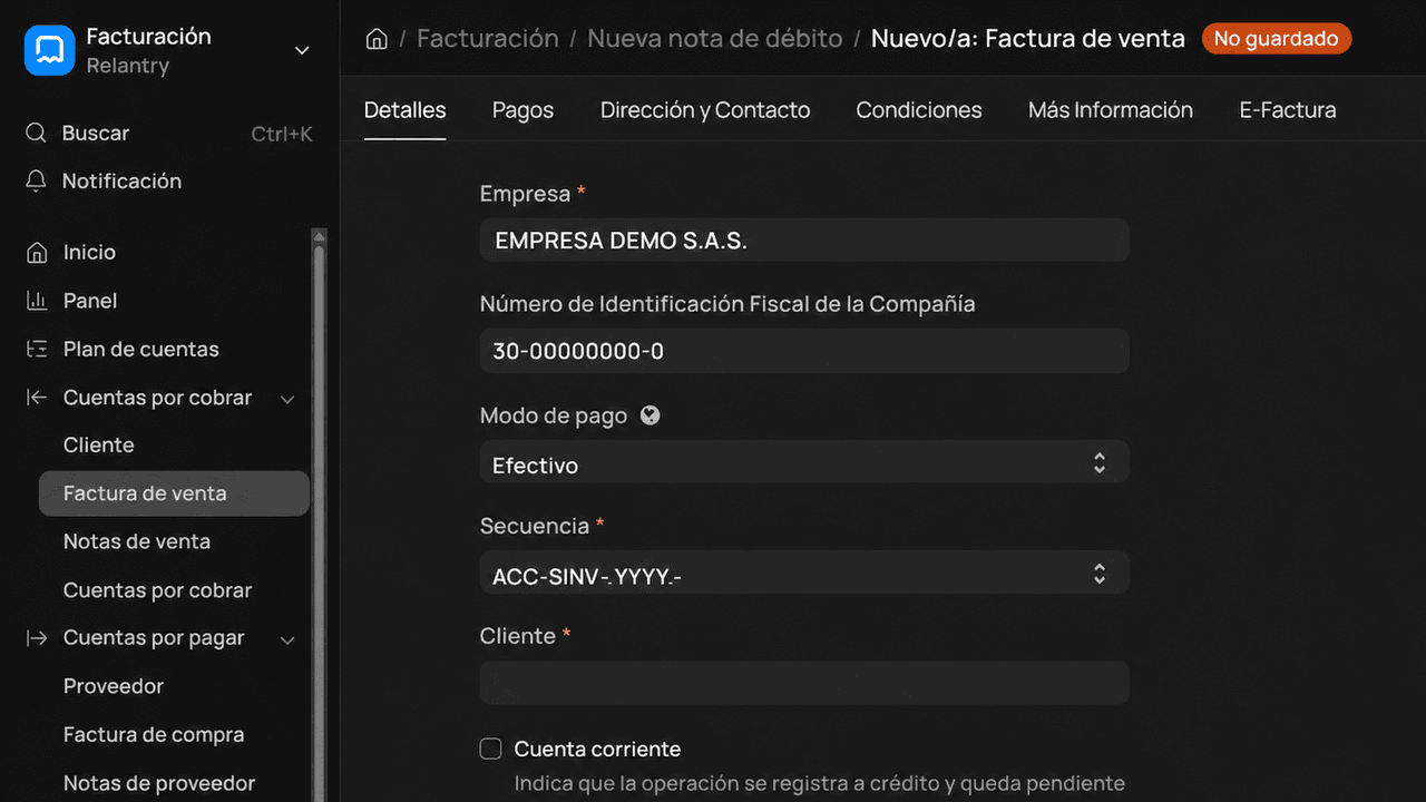 Factura de venta a crédito con datos ficticios