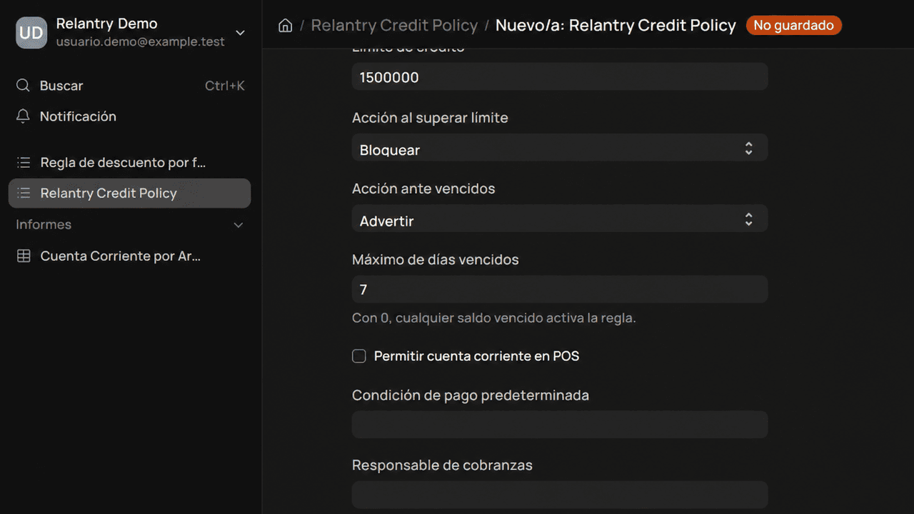 Política de crédito de un cliente ficticio en Relantry ERP