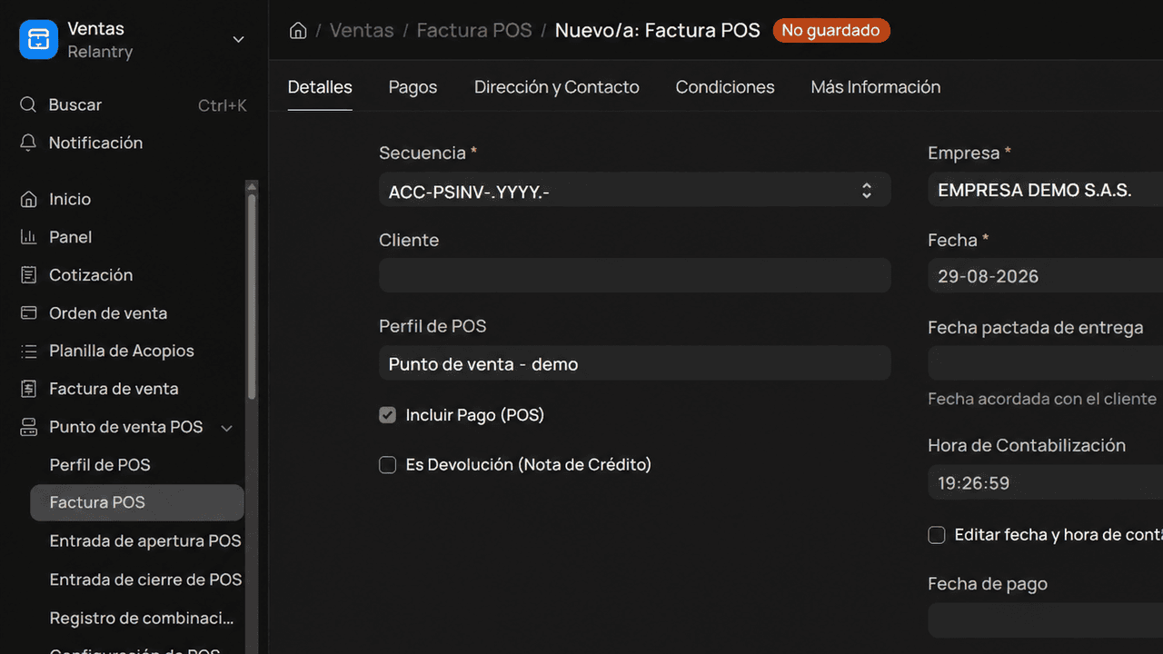 POS ficticio con opción de cuenta corriente