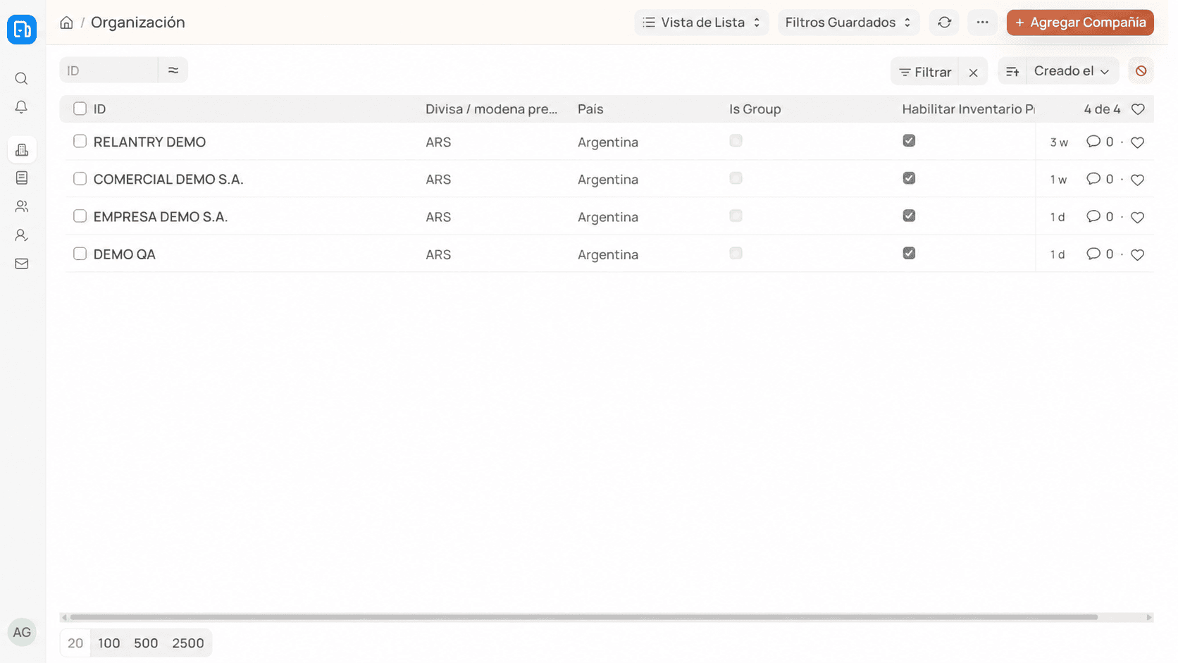 Listado de empresas de Relantry ERP con datos de demostración