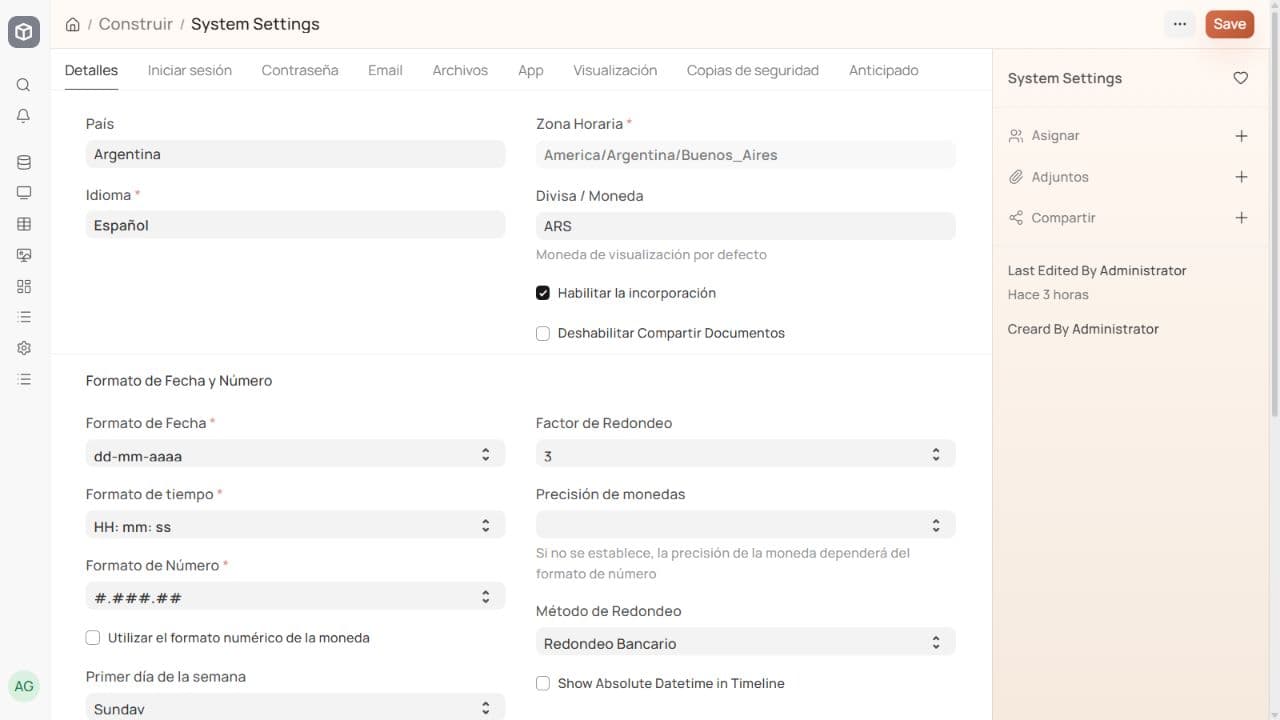 Configuración general del sistema de Relantry ERP