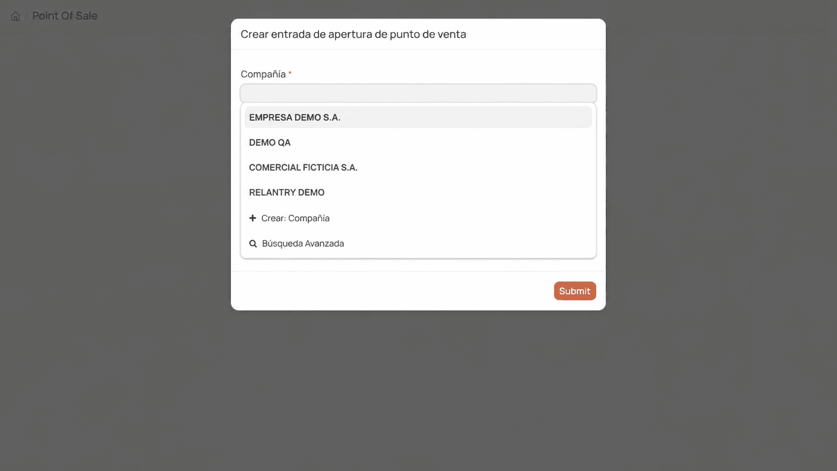 Selector de empresas ficticias en la apertura del POS
