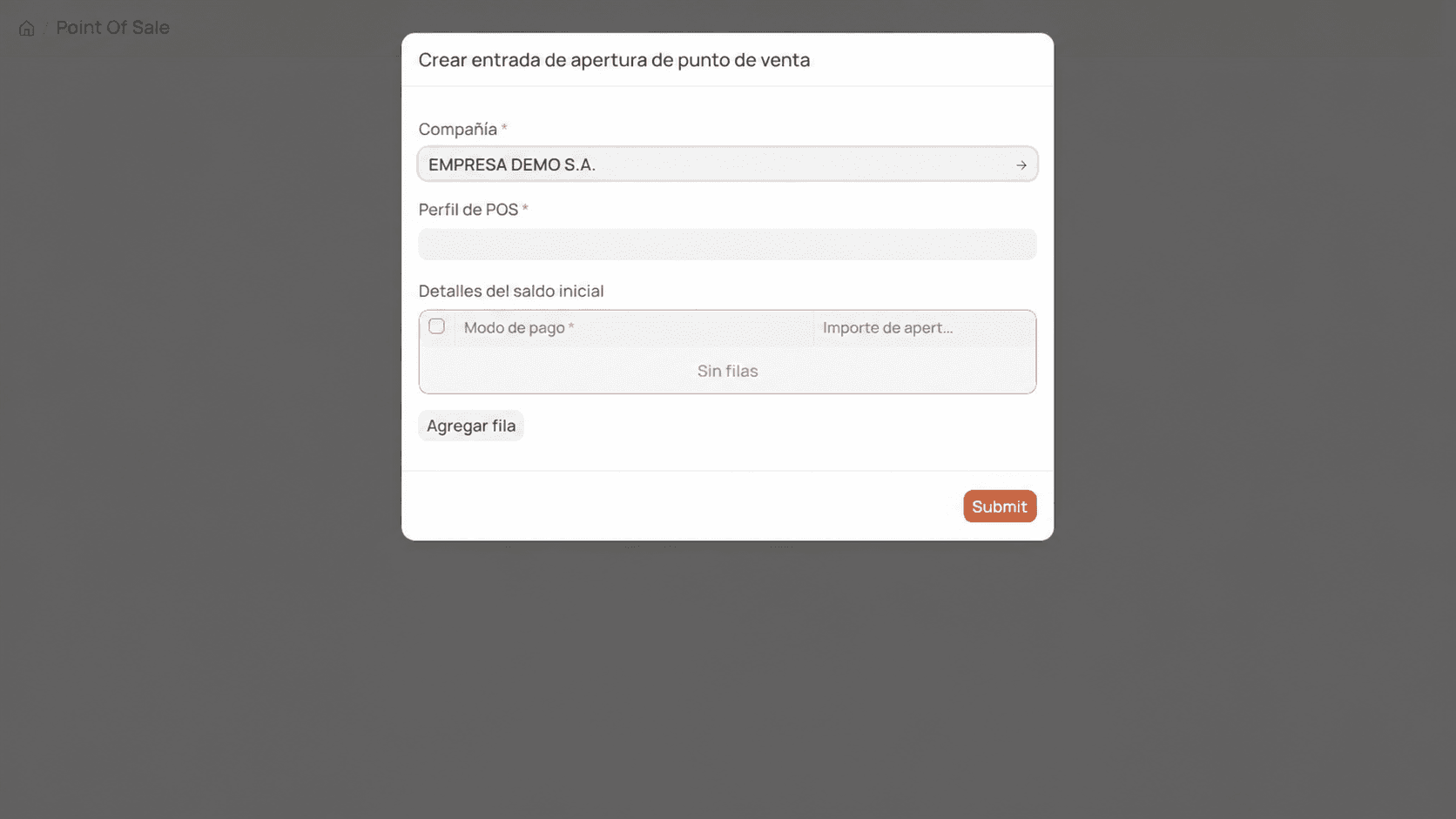 Diálogo de apertura del punto de venta con una empresa demo