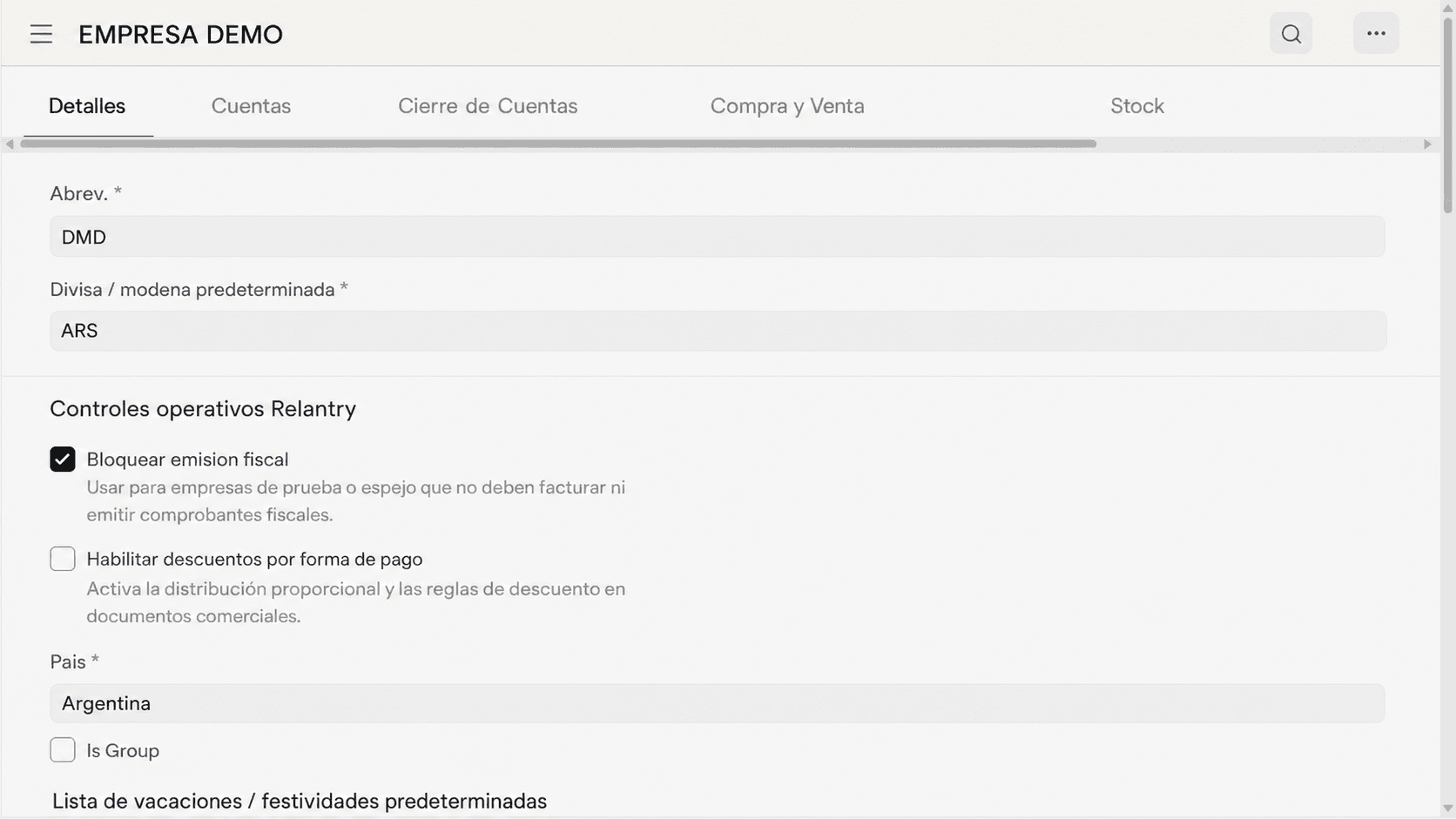 Pantalla de una empresa demo en Relantry ERP