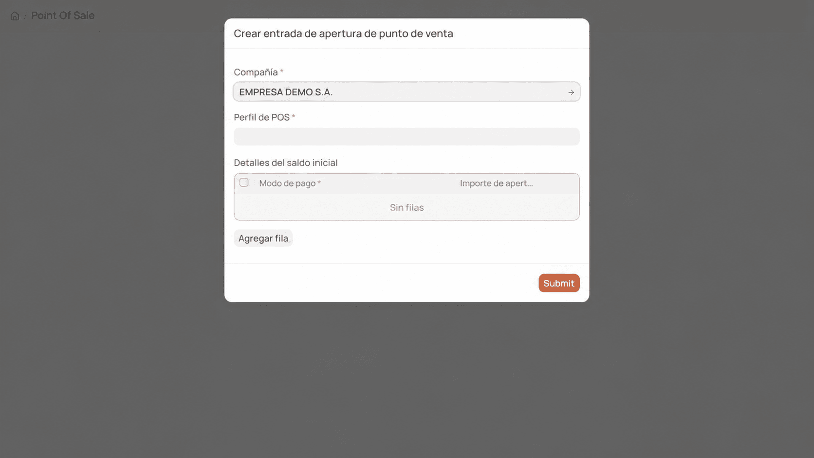 Pantalla de apertura de caja POS